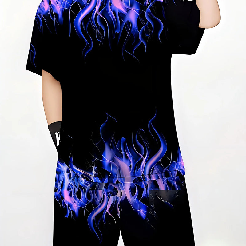 Summer Outfit Blue Flame Print Short Sleeve T - Shirt + Set - View 5 | SAMAG
