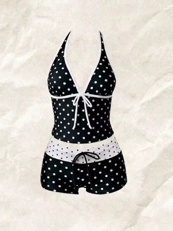 Retro Polka Dot Bikini Set Halter Neck Tie Tankini | SAMAG