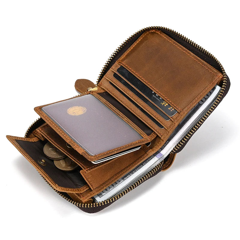 Men Crazy horse Genuine Leather Coin Wallet Real Leather Snap Short Purse Women Coin Pocket Zip Around Small Trifold Pocket