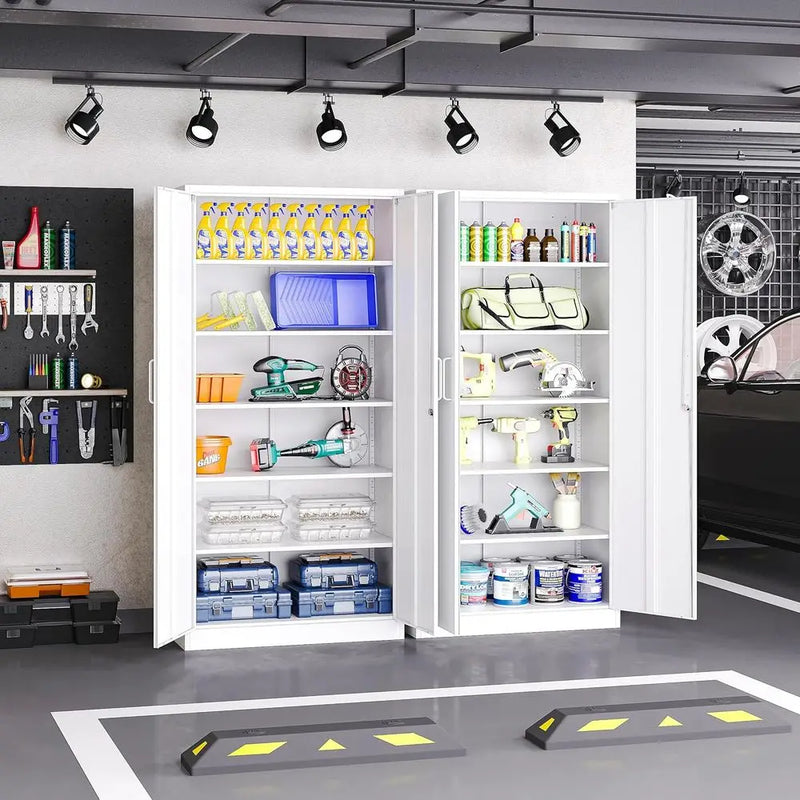 Metal Storage Cabinet with Lock,Tall White ile Cabinet with 2 Doand 5 Adjustable Shelves,Steel Storage Cabior Garage,Home Oice,P