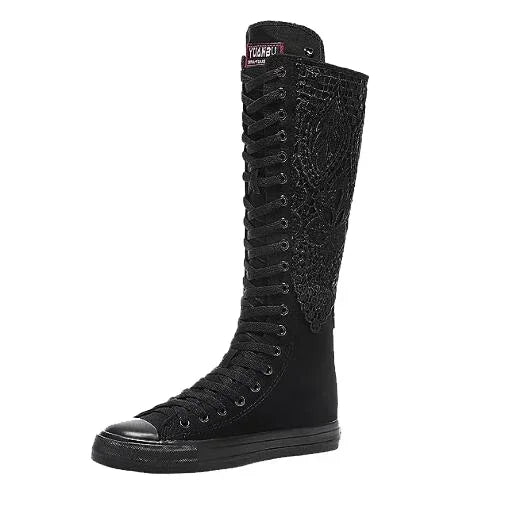 Boots Women Sneakers Canvas Casual High Top Shoes Long Boot Lace-Up Zipper Comfortable Flat Boot Sneakers Tenis Feminino