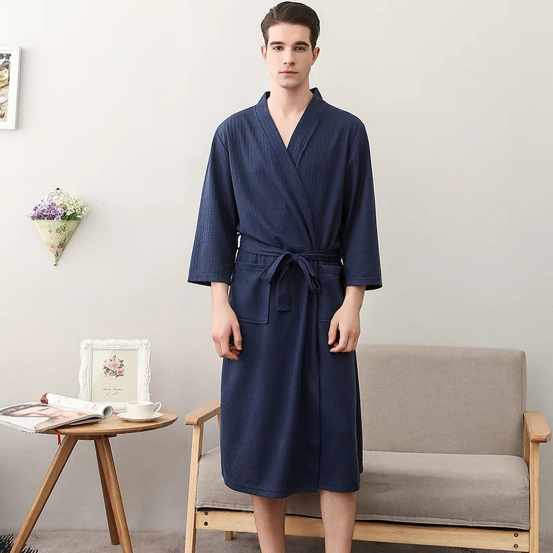 Men's and Women's Universal Waffle Seven-Sleeve Lightweight Long Bathrobe for Hotels, Soft and Breathable, Couple's Homewear