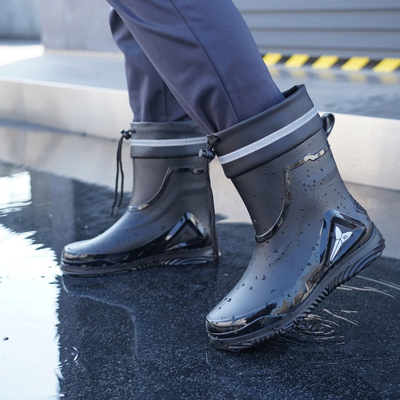 Outdoor work British style anti slip warm autumn and winter waterproof drawstring tied men's rain boots