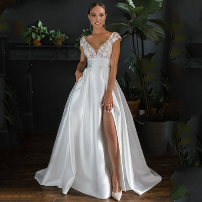 Customized V Neck Satin Wedding Dresses Cap Sleeve | SAMAG