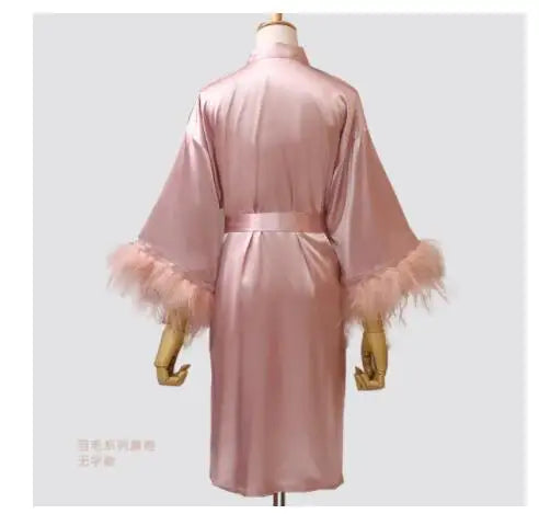 Women FEATHER Bride Bridesmaid Wedding Robe Satin Kimono | SAMAG