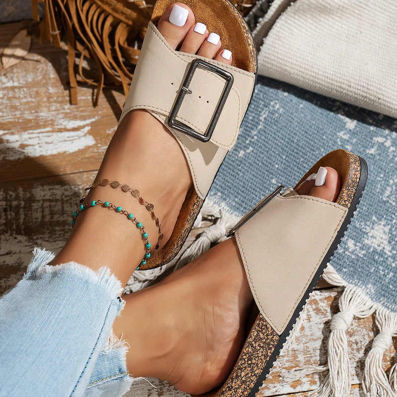Women's Summer Spring & Fall Casual Simple Large Buckle Pu Upper Soft Wood Grain Comfortable Flat Heel Slip-On Beach Slippers