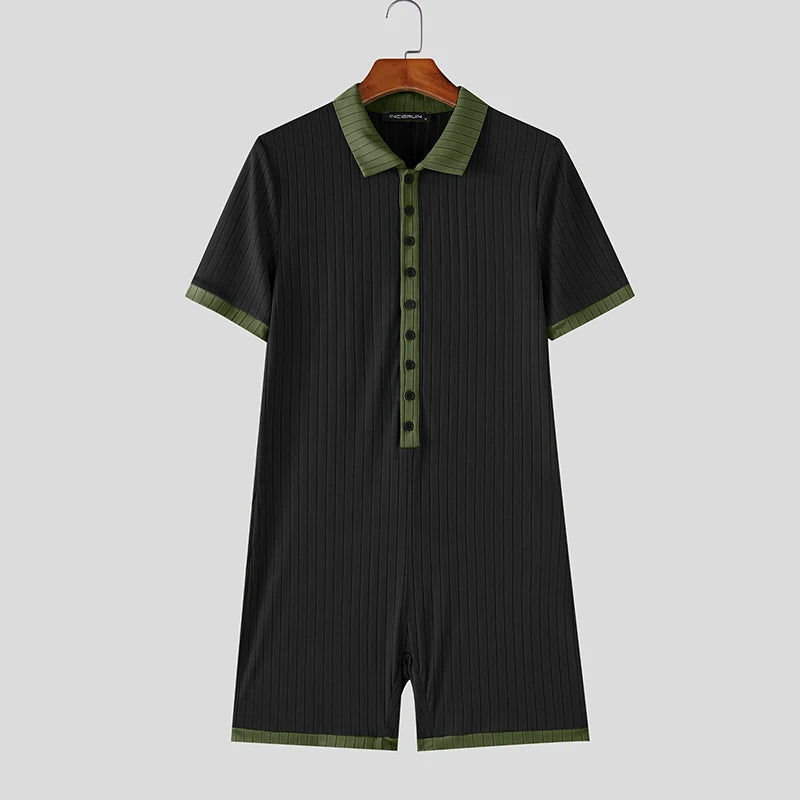 INCERUN Men's Bodysuits Patchwork Lapel Short Sleeve Button Male Rompers Playsuits Knitted Summer 2026 Casual Bodysuit For Man