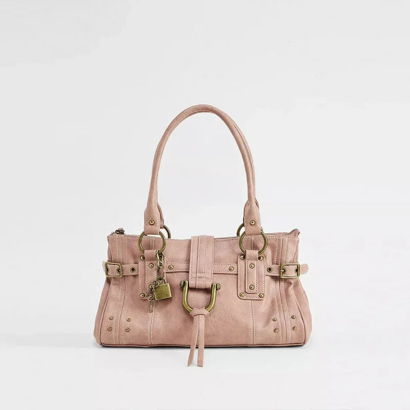 Vintage Rivet Large Capacity Commuter Tote Bag Underarm Shoulder Handbag Luxurious Studded Buckle Design Street Style Hobo Purse