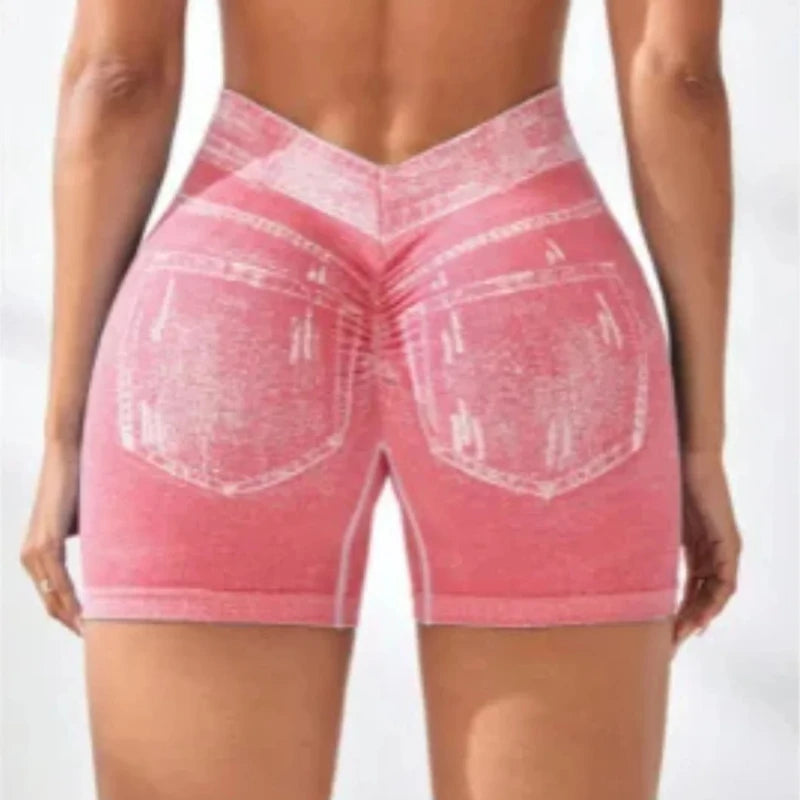Women Seamless V Back Shorts Faux Jeans Elastic Yoga Pants Butt Lifting Leggins Fitness Athletic Workout Sports Short Tights