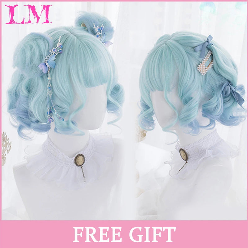 LM Medium Length Pink Cosplay Wig Heat Resistant Costume Party Synthetic Wigs 2 Clip On Ponytail 7 Colors