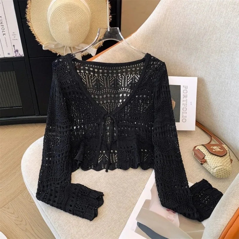 Outdoor Sunscreen Cropped Knit Cardigan Ladies Tie Front Hollow Crochet Shrug Breathable Beach Daily Casual Outerwear