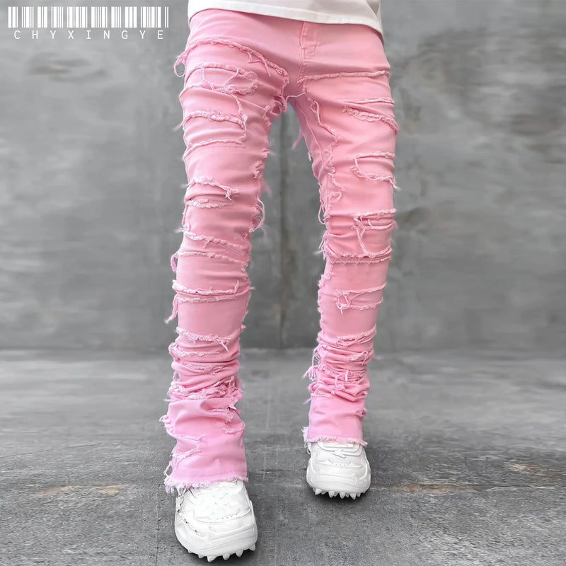 Men's Regular Fit Stacked Jeans Ripped Slim Patch | SAMAG