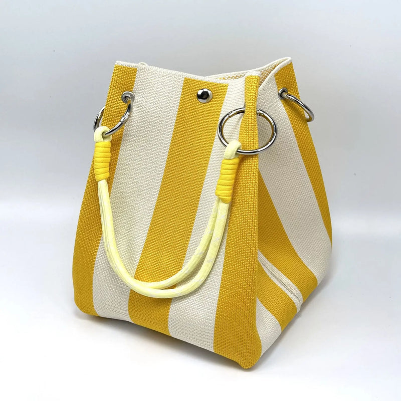 Korean Style Mini Knit Tote Bag Women Striped Crochet Bucket Handbag Lightweight Summer Daily Shoulder Purse For Vacation