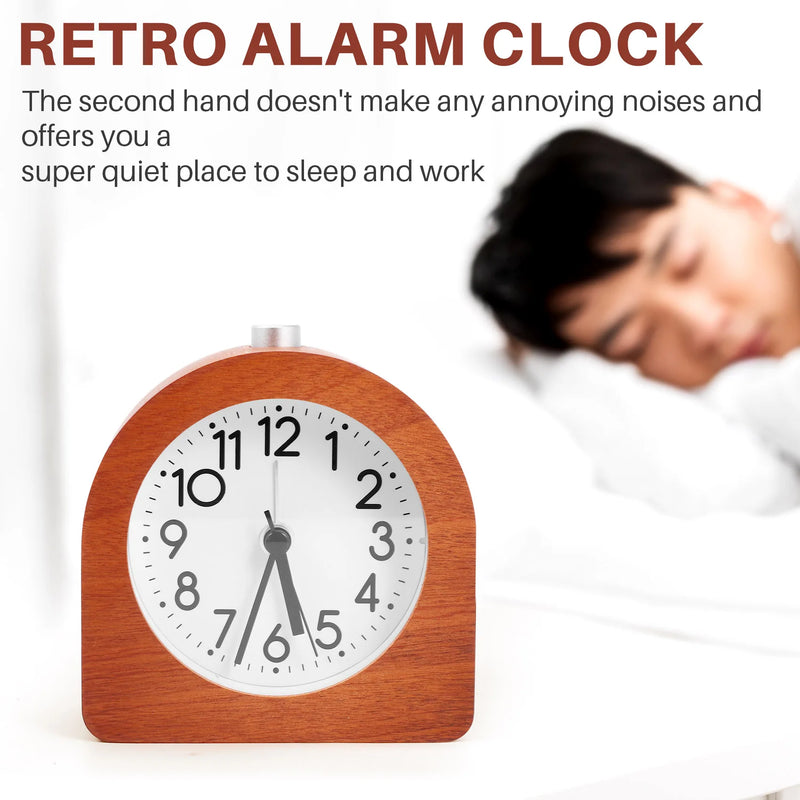 A19F-Alarm Clock Without Ticking Retro Wooden Alarm Clock With Dial Alarm Light Quiet Table Clock With Snooze Function