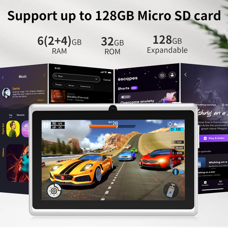 7 Inch Tablet PC, Android 11 Quad Core, 6GB(2+4GB Virtual) RAM 32GB ROM, WiFi, Dual Camera, USB C, with Leather Case