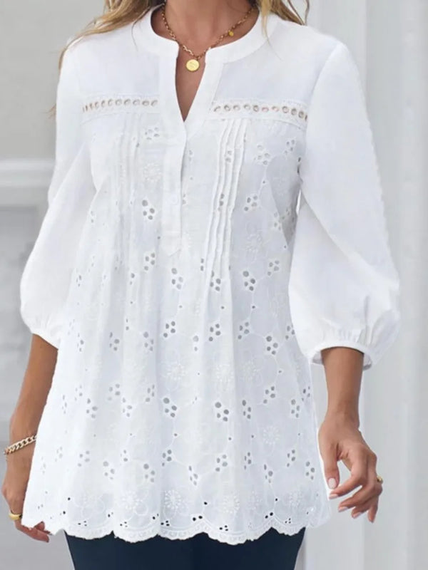 Women's Fashion Shirt Top White Lace Hollow Out V - Neck - View 2 | SAMAG