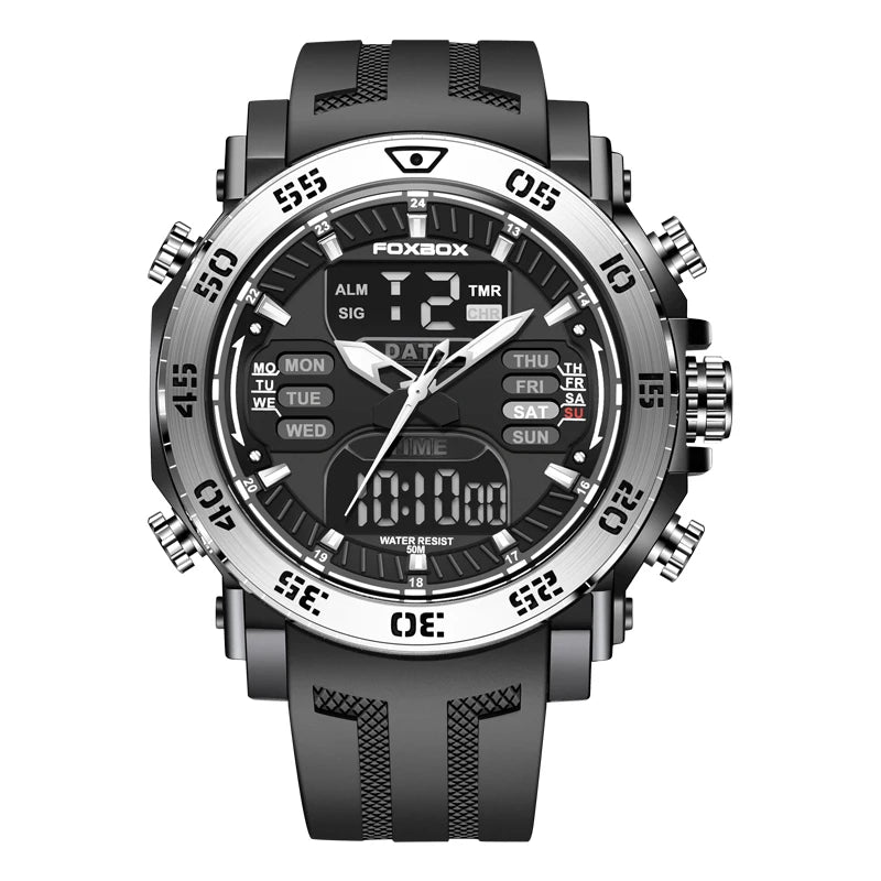 FOXBOX Fashion Outdoor Electronics Watches Male Luxury Casual Waterproof Luminous Alarm Auto Date Dual Digital Display Man Watch
