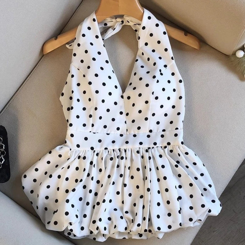 Backless Sexy Halter Beach Babydoll Crop Tops Women Polka Dots V Neck Sleeveless T Shirt Ruffles Basic Tees Not-Padded Pad