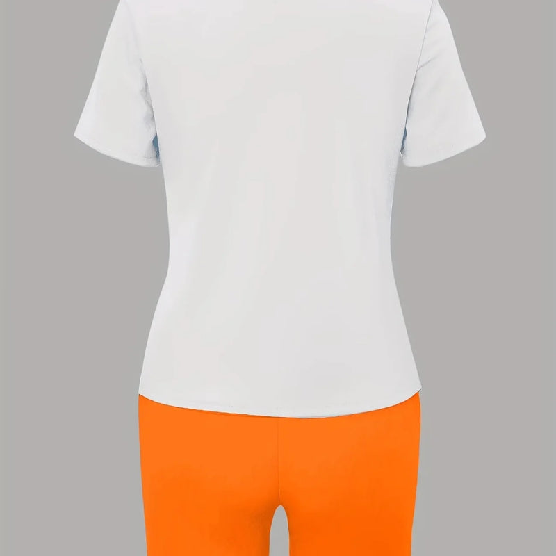 Peach Letter Print Short-Sleeved Shorts Set in a Loose White T-Shirt and an Orange Tight Short Pants Casual Outfit