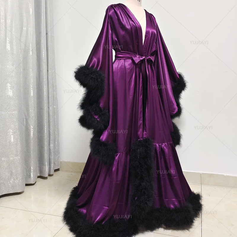 Bathrobe for Women Flare Sleeves Feather Bridal Robe Nightgown Silk Illusion Long Wedding Scarf Dressing Gown Photography Dress