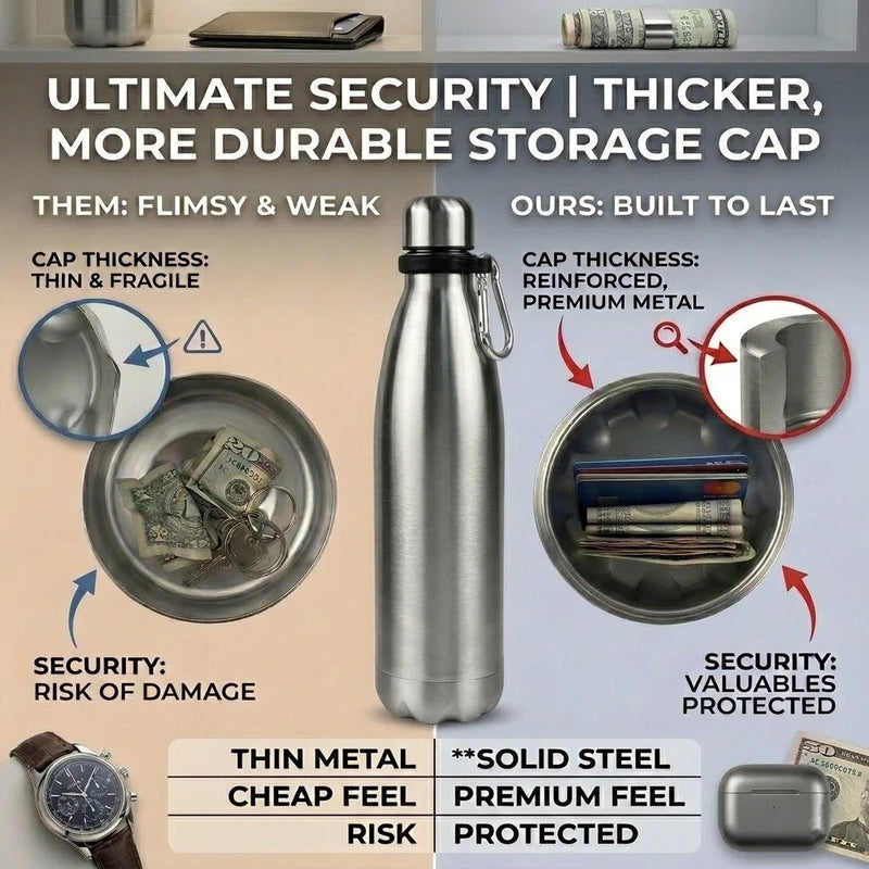 750ml Upgraded Diversion Water Bottle Stainless Steel Hidden Safe Secret Stash with Carabiner for Cash Keys - View 2 | SAMAG