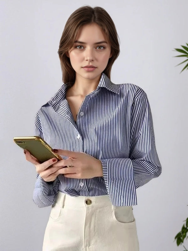 AOSSVIAO 2026 Spring Autumn Classic Striped Woman Blouses Shirt Lady Long Lantern Sleeve Stand Collar Loose Blusas Tops