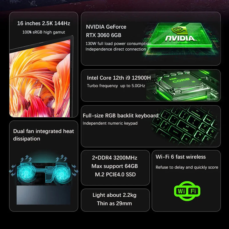 16.1 Inch Gaming Laptop Intel i9-12900H NVIDIA RTX 3060 6G 64GB DDR4 2TB SSD 144Hz RGB Keyboard WIFI 6 BT 5.2 Windows11