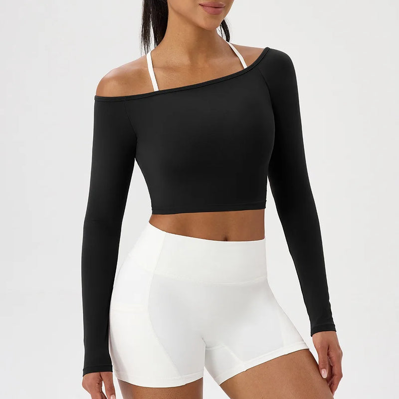 Long Sleeve Yoga T-Shirt for Women, Off Shoulder, Sexy Tight Gym Workout Top, Naked Feeling, Quick Dry Sports Activewear