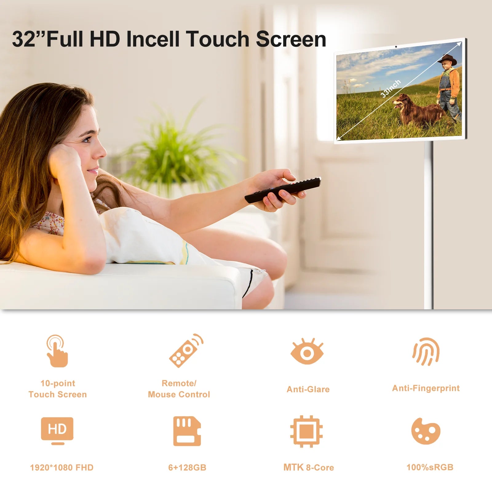 Portable Smart Android 13 TV Monitor 32 Inch FHD IPS LCD 60Hz 120% SRGB Multi-Touch Display Stand Battery Wireless Mirror