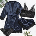 Women's Pajama Fashion 4-piece Set Lace Satin Strap Sexy | SAMAG