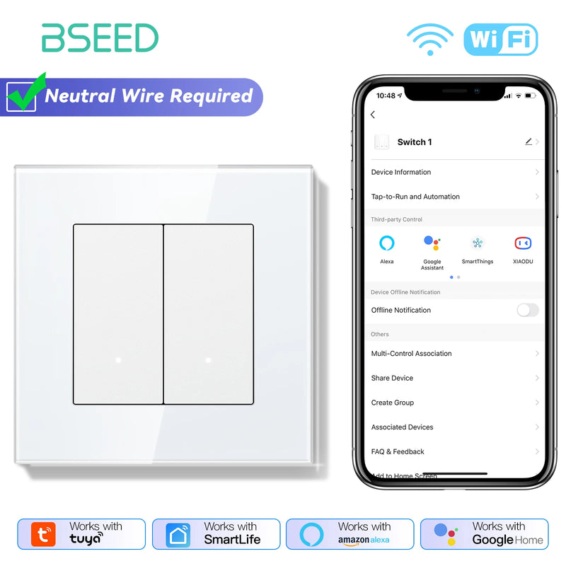 BSEED WIFI Light Switch 1/2/3/4Gang 2Way Smart Click Button Switch Glass Panel White LED Indicator Tuya Smart Life Alexa Control