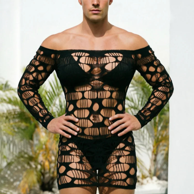 Exotic Babydolls Fetish Male Lingerie Men's Hollow Out Bodysuits Sissy Underwear Fishnet Chemises More Style Man Sexy Nightgown