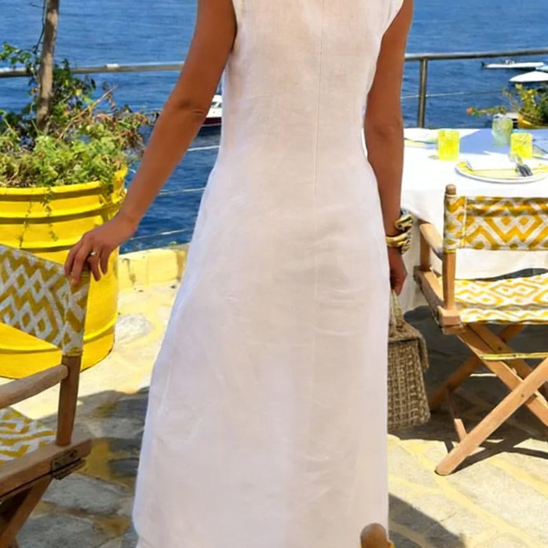 Classy Style Women Summer Stand Collar Sleeveless Front Split Long Tunic Wide Leg Pants Set