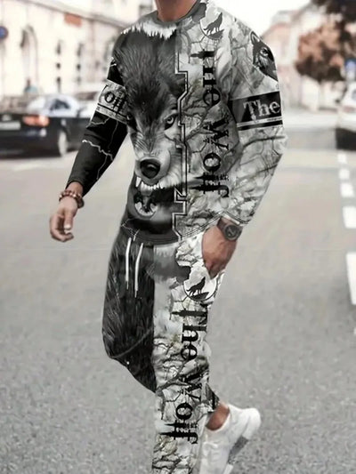Fashionable men's summer new cool lion print comfortable and breathable round neck long pants set outdoor street | SAMAG