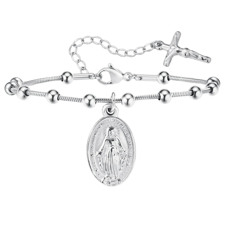Vnox Rosary Bracelet for Women Girls, Gold Plated Stainless Steel Religious Cross and Virgin Mary Prayer - Visuel 7 | SAMAG