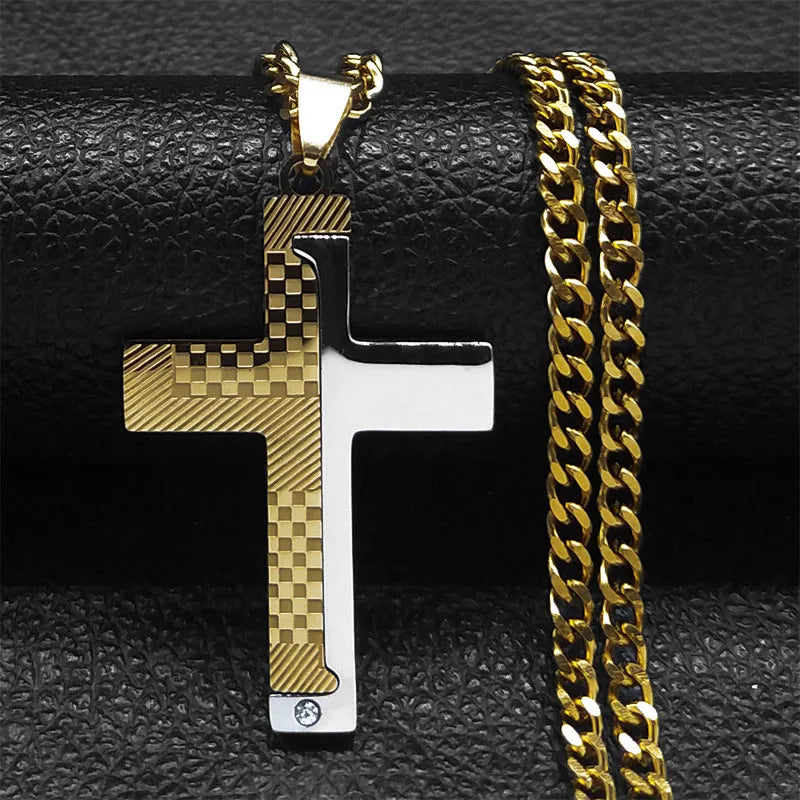 Goth Stainless Steel Cross Pendant Necklace Biker Men Punk Black Silver Color Crucifixion Crystal Necklace Hip Hop Jewelry N6337