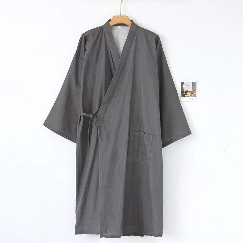 2026 New Men's 100% Cotton Gauze Bath Robes Loose Thin Japanese Kimono Pajamas for Men Casual Lace Up Bathrobes V-Neck Nightgown