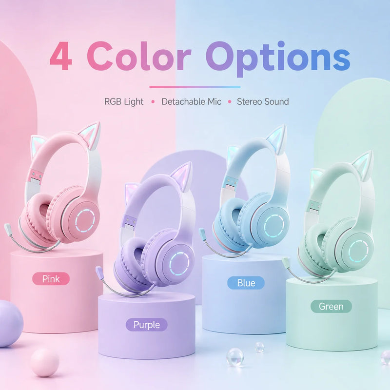 Cat Ear Headphones Bluetooth 5.1 Wireless Earphones with RGB Light Detachable Mic 40mm Stereo Drivers for Gaming Calls & Music