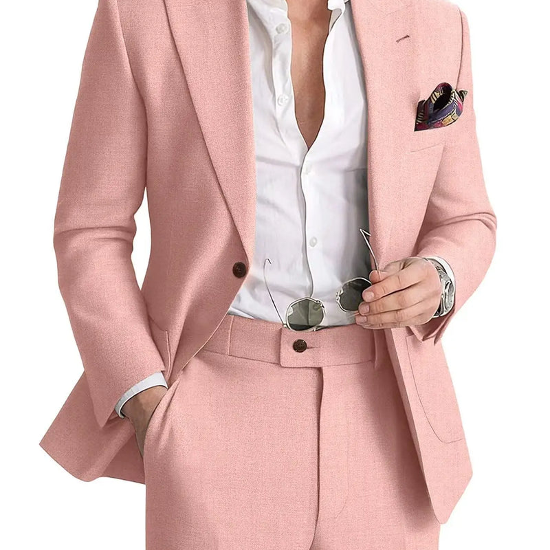 Mens Linen Suit 2 Piece Casual Suits for Men Summer Beach Groom Wedding Suit Linen Blazer Pants Set