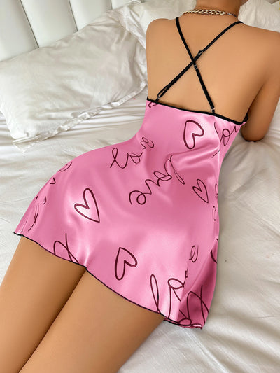 Heart Letter Print Nightdress Casual Round Neck Spaghetti | SAMAG