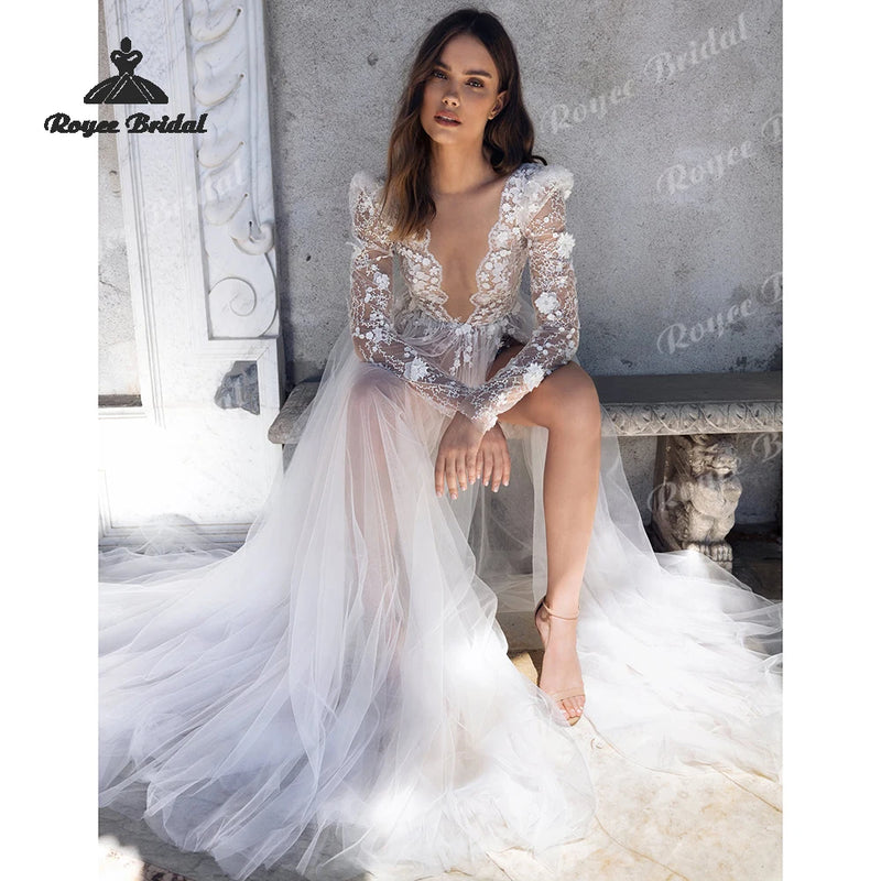 Sexy Appliques A Line Wedding Dresses Deep V Neck - View 4 | SAMAG
