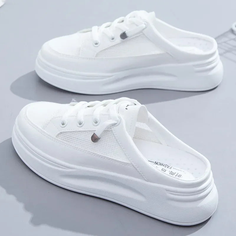 *2026 Summer New Baotou Mesh Breathable White Flat Shoes Fashionable Hot Selling Casual Half Dragged Round Head Women's Sandals