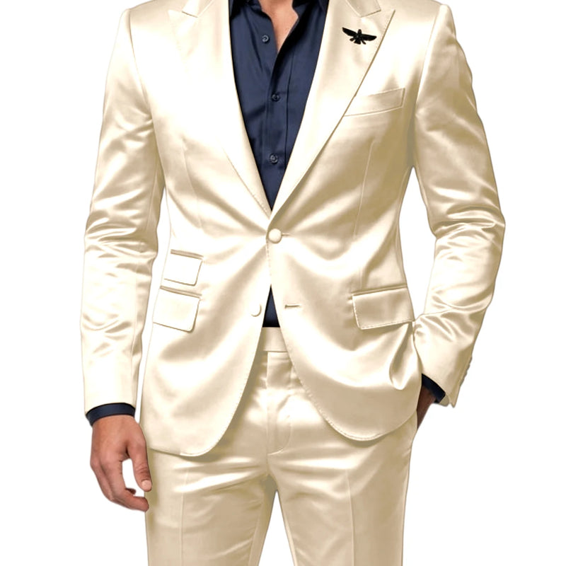 Men's Satin 2 - Piece Suit Set Slim Fit Peak Lapel Tuxedo Blazer With Straight Leg Pants For Wedding Party - View 19 | SAMAG