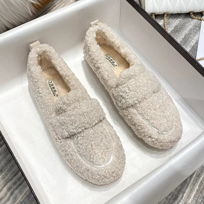 Lambwool Moccasins Femme Curly Sheep Fur Flats Woman Warm Plush Loafers Winter Cotton Shoes Women Furry Snow Boot
