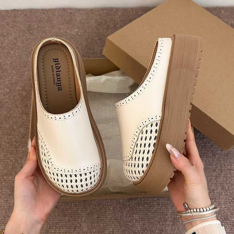 New Summer Women Ladies Stylish Perforated Woven Chunky Platform Mule Clogs Round Toe Non Slip Casual Slide Slippres Dress Shoes