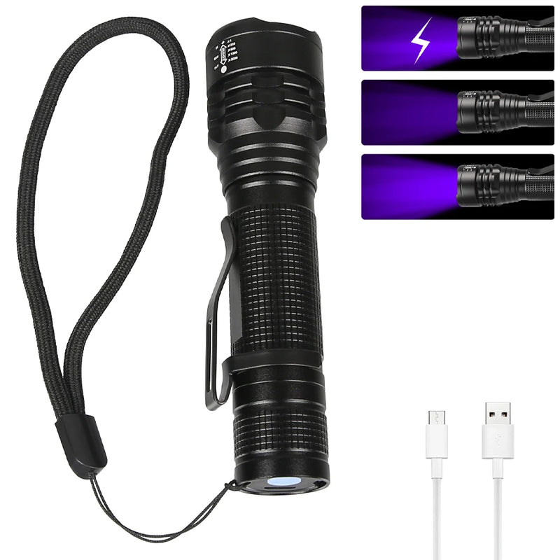 395nm UV Flashlight Zoomable Blacklight USB Rechargeable UV Light Ultraviolet Flashlight for Pet Urine Detection Curing Lighting