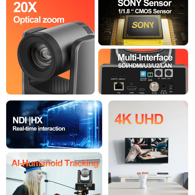 Runpu 4K60FPS NDI Camera POE 12X 20X Zoom AI Tracking PTZ Camera SDI HDMI USB POE IP Conference Camera for Church Live Streaming