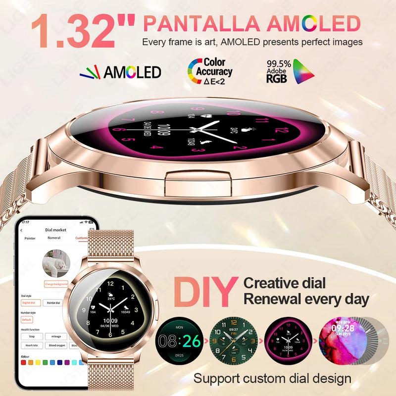 LIGE 2025 New Smart Watch For Women AMOLED HD Screen Watches IP68 Waterproof Heart Rate Monitor Ladies Utra-thin Smartwatch