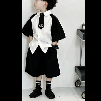 Summer Boy Clothing Set Patchwork Shirt+ Black Shorts | SAMAG