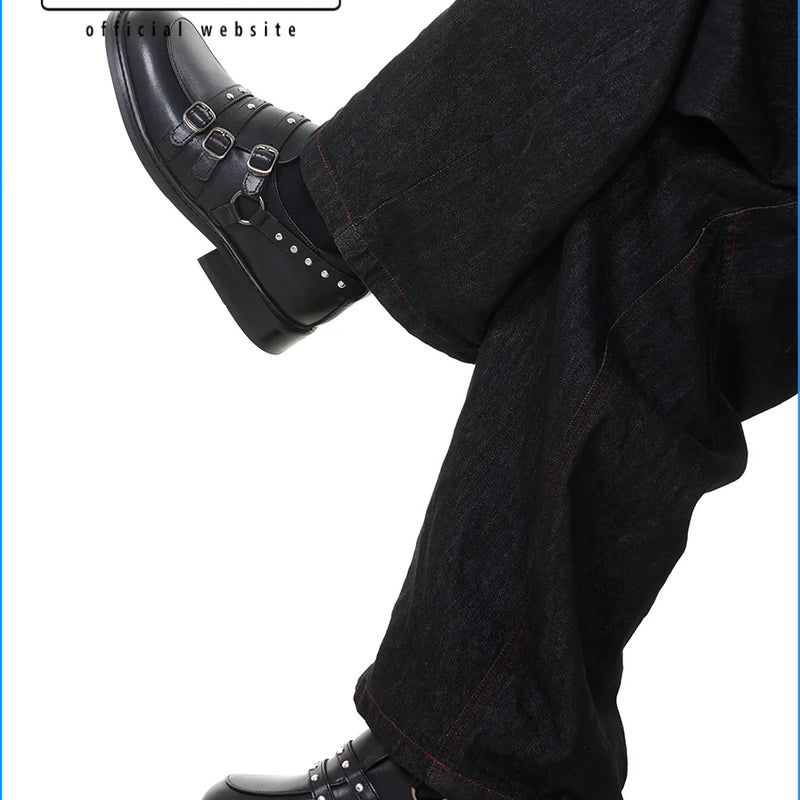 Original niche design buckle strap thick heel loafers men's metal decoration punk round toe leather shoes